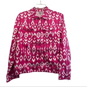 Diane Gilman trucker jacket M stretch batik pink button beachy boho classic